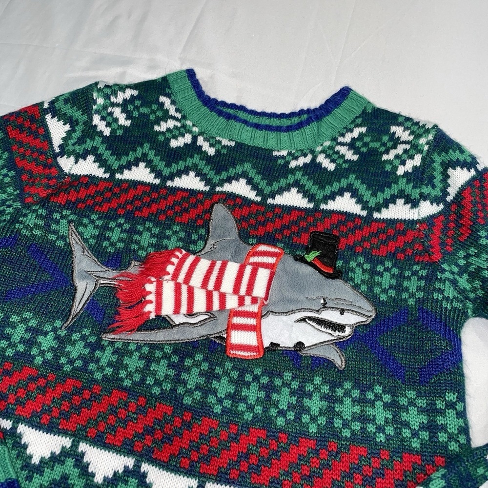 Joyland Kids Shark Christmas Sweater Green Fair Isle Scarf Top Hat‎ Small